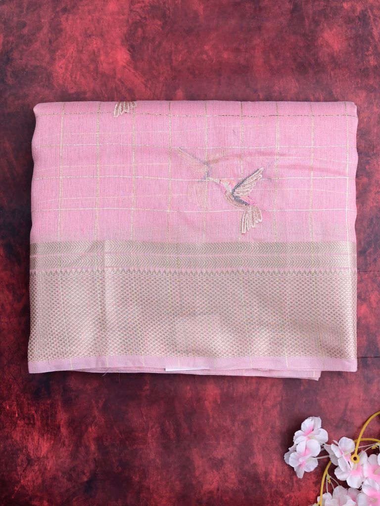 Lenin tissue fancy saree baby pink color allover checks, zari weaves & zari border with short pallu and attached self blouse