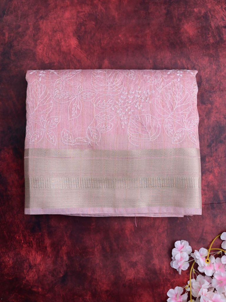 Jute tissue fancy sarees onion pink color allover embroidery & zari border with short pallu and attached plain blouse