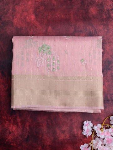 Lenin tissue fancy saree baby pink color allover weaves & zari border with short pallu and attached self blouse