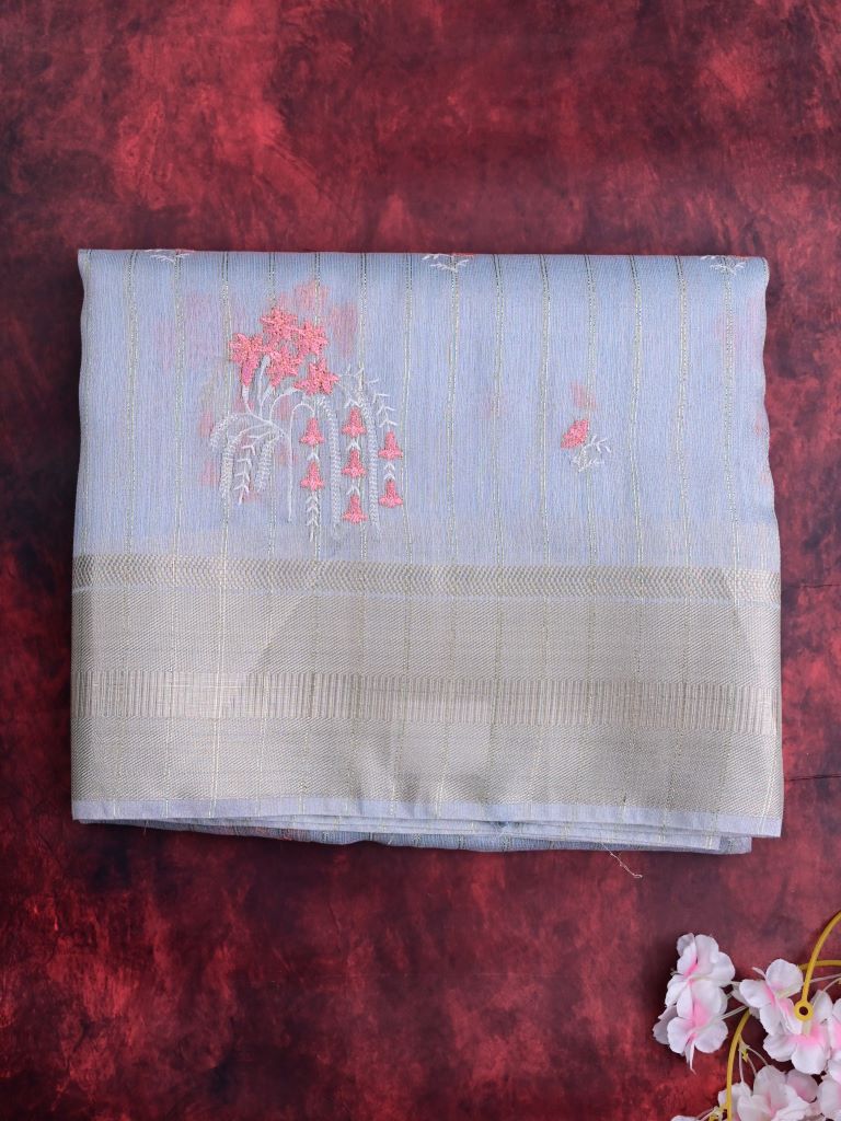 Lenin tissue fancy saree light blue color allover weaves & zari border with short pallu and attached self blouse