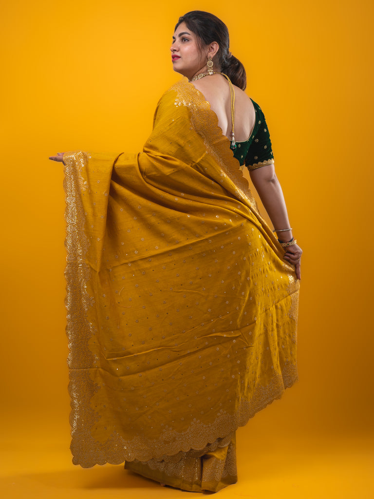 Kosa silk fancy saree golden yellow color allover mirror work & embroidery cutwork border with running pallu and attached blouse