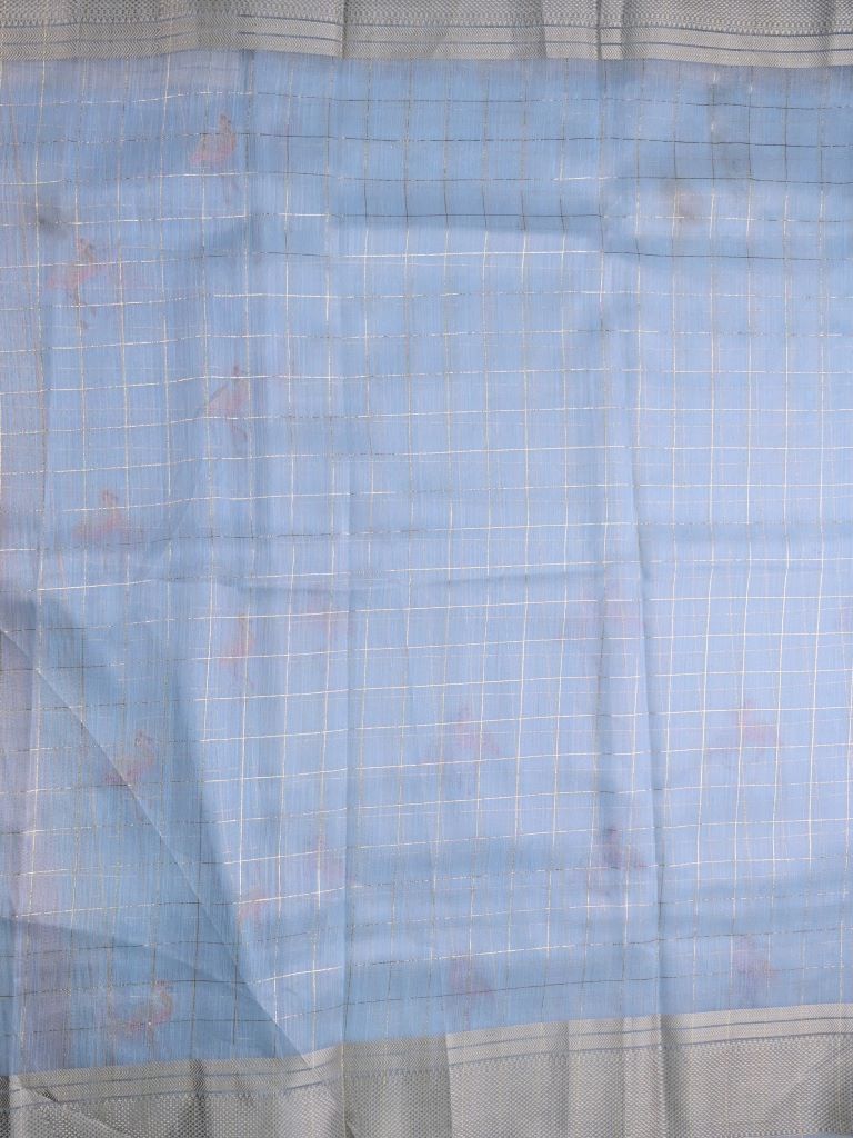 Lenin tissue fancy saree light blue color allover checks, zari weaves & zari border with short pallu and attached self blouse