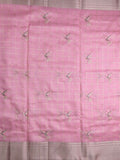 Lenin tissue fancy saree baby pink color allover checks, zari weaves & zari border with short pallu and attached self blouse