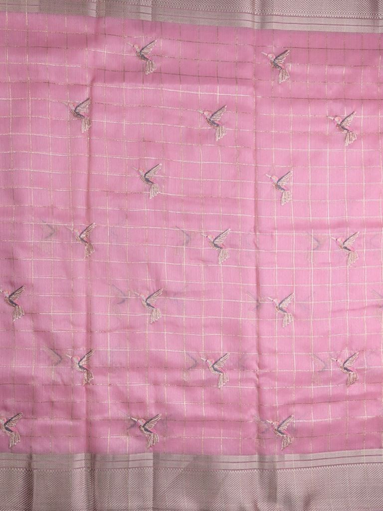 Lenin tissue fancy saree baby pink color allover checks, zari weaves & zari border with short pallu and attached self blouse