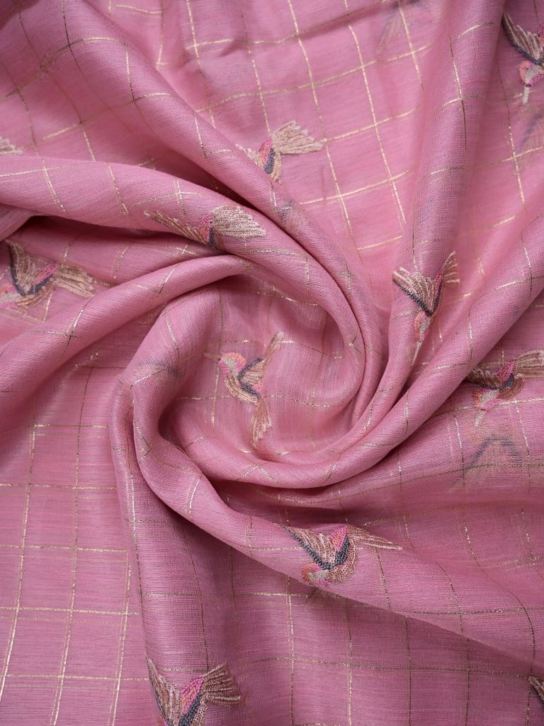 Lenin tissue fancy saree baby pink color allover checks, zari weaves & zari border with short pallu and attached self blouse