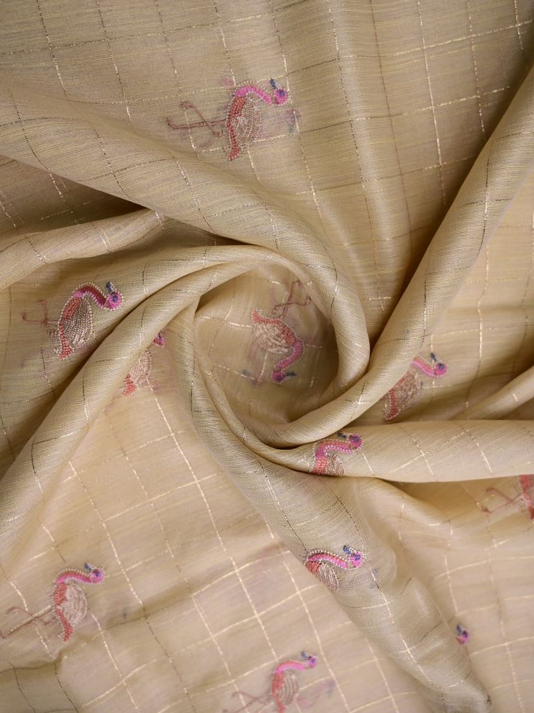 Lenin tissue fancy saree pastel yellow color allover checks, zari weaves & zari border with short pallu and attached self blouse