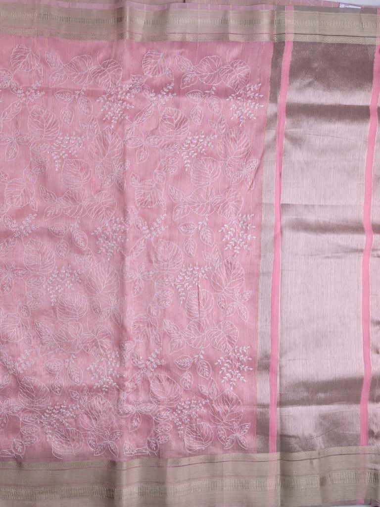 Jute tissue fancy sarees onion pink color allover embroidery & zari border with short pallu and attached plain blouse