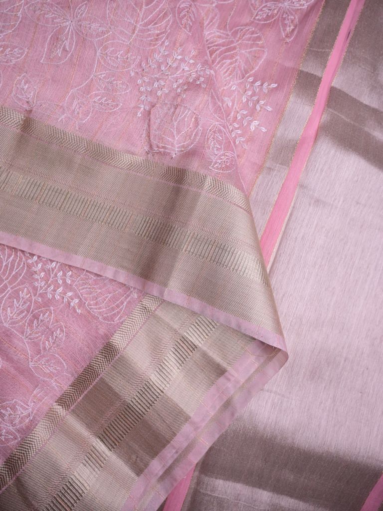 Jute tissue fancy sarees onion pink color allover embroidery & zari border with short pallu and attached plain blouse