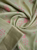 Lenin tissue fancy saree light pista green color allover weaves & zari border with short pallu and attached self blouse