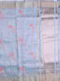 Lenin tissue fancy saree light blue color allover weaves & zari border with short pallu and attached self blouse