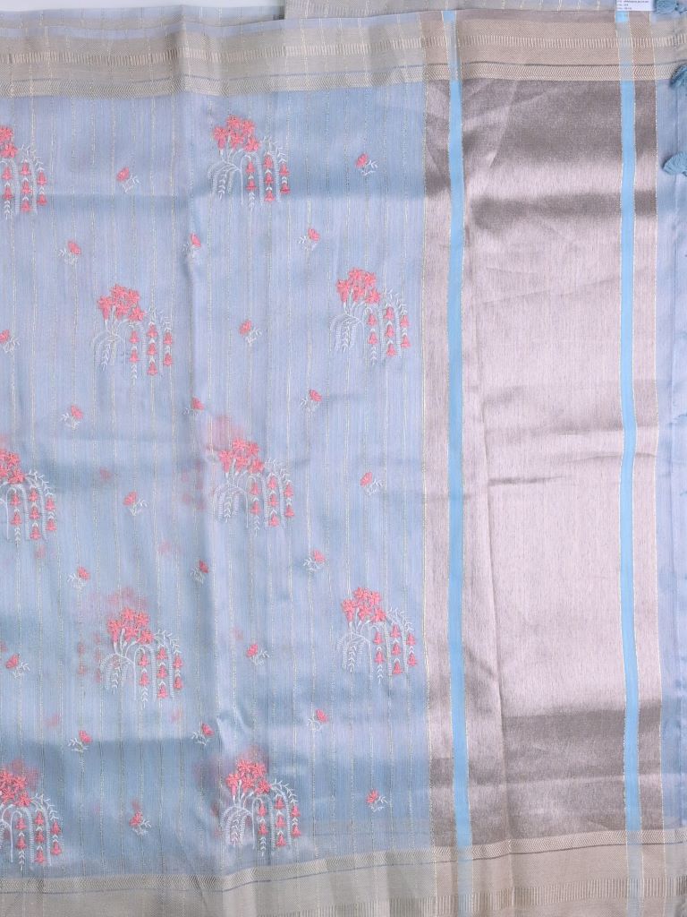 Lenin tissue fancy saree light blue color allover weaves & zari border with short pallu and attached self blouse