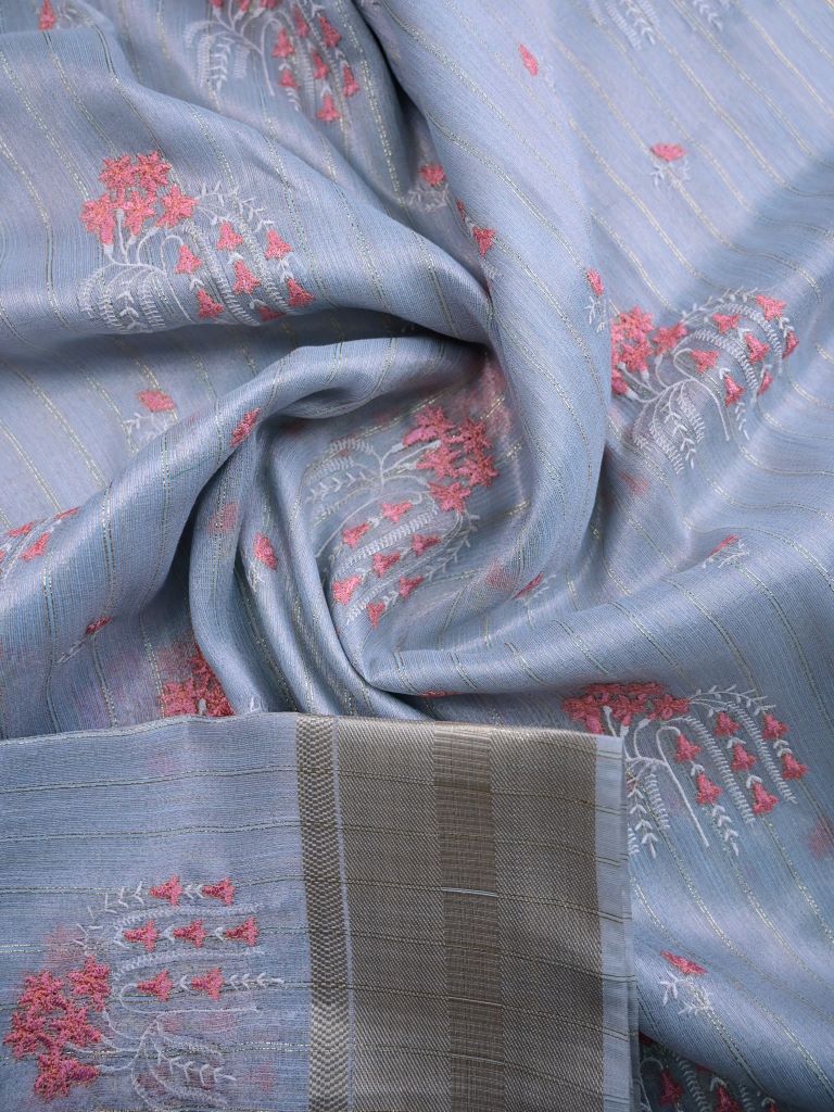 Lenin tissue fancy saree light blue color allover weaves & zari border with short pallu and attached self blouse