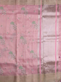 Lenin tissue fancy saree baby pink color allover weaves & zari border with short pallu and attached self blouse