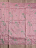 Lenin tissue fancy saree baby pink color allover weaves & zari border with short pallu and attached self blouse