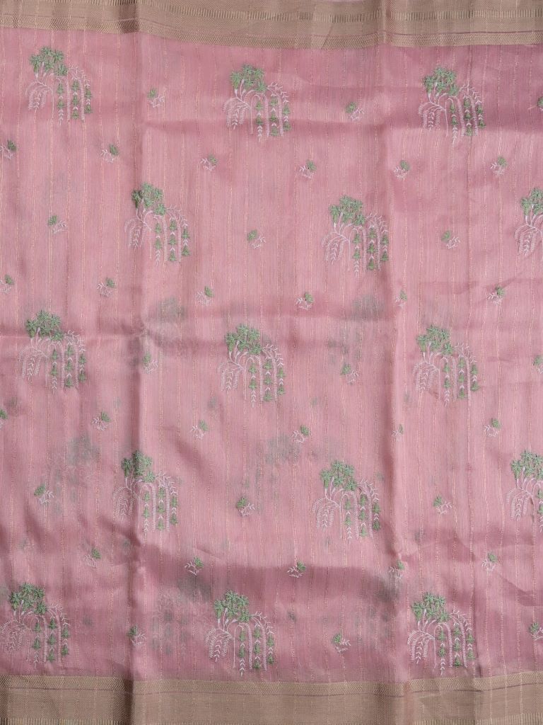 Lenin tissue fancy saree baby pink color allover weaves & zari border with short pallu and attached self blouse