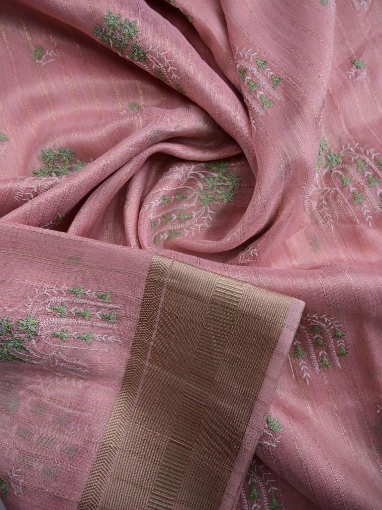 Lenin tissue fancy saree baby pink color allover weaves & zari border with short pallu and attached self blouse