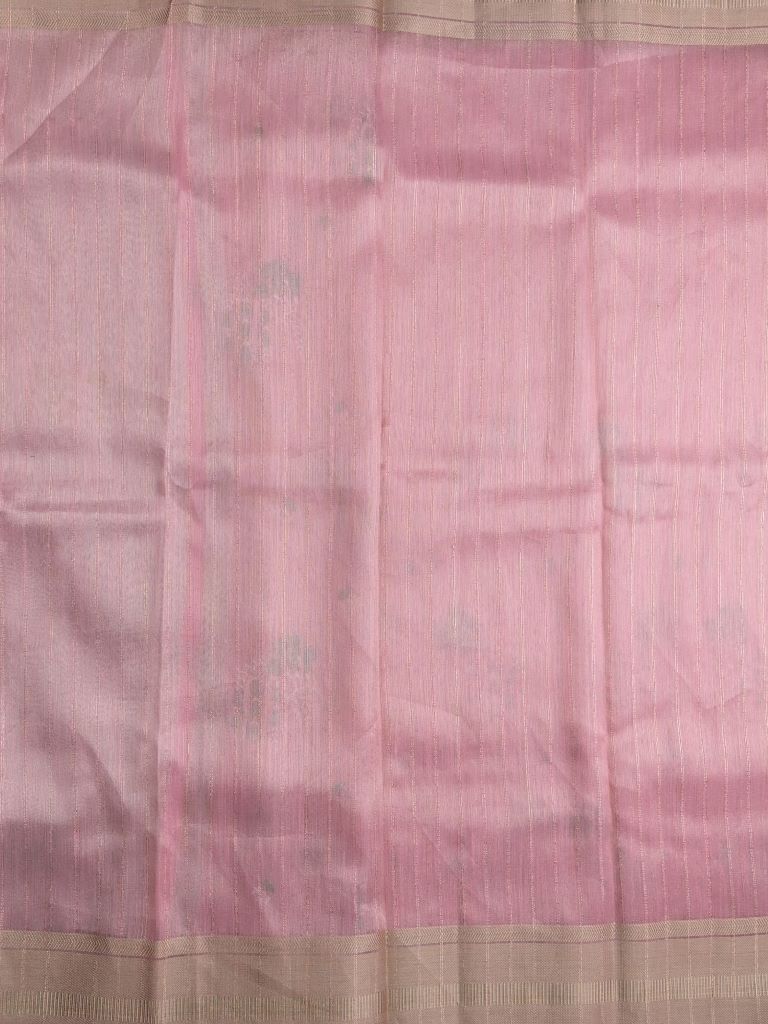 Lenin tissue fancy saree baby pink color allover weaves & zari border with short pallu and attached self blouse