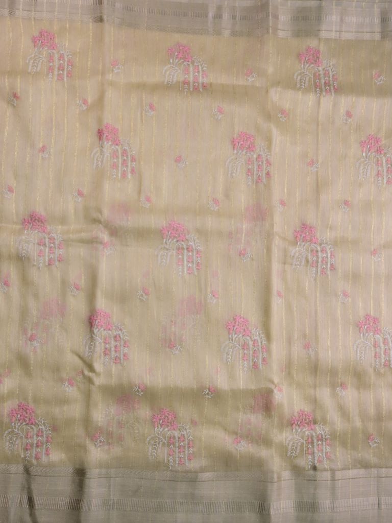 Lenin tissue fancy saree beige color allover weaves & zari border with short pallu and attached self blouse