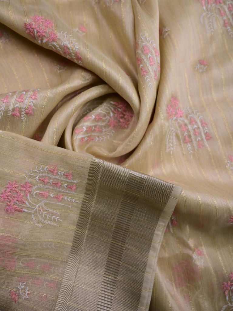 Lenin tissue fancy saree beige color allover weaves & zari border with short pallu and attached self blouse