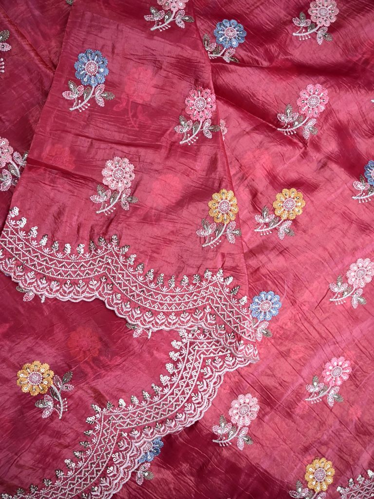 Soft organza fancy saree maroon color allover embroidery motifs & cutwork border with running pallu and embroidery blouse