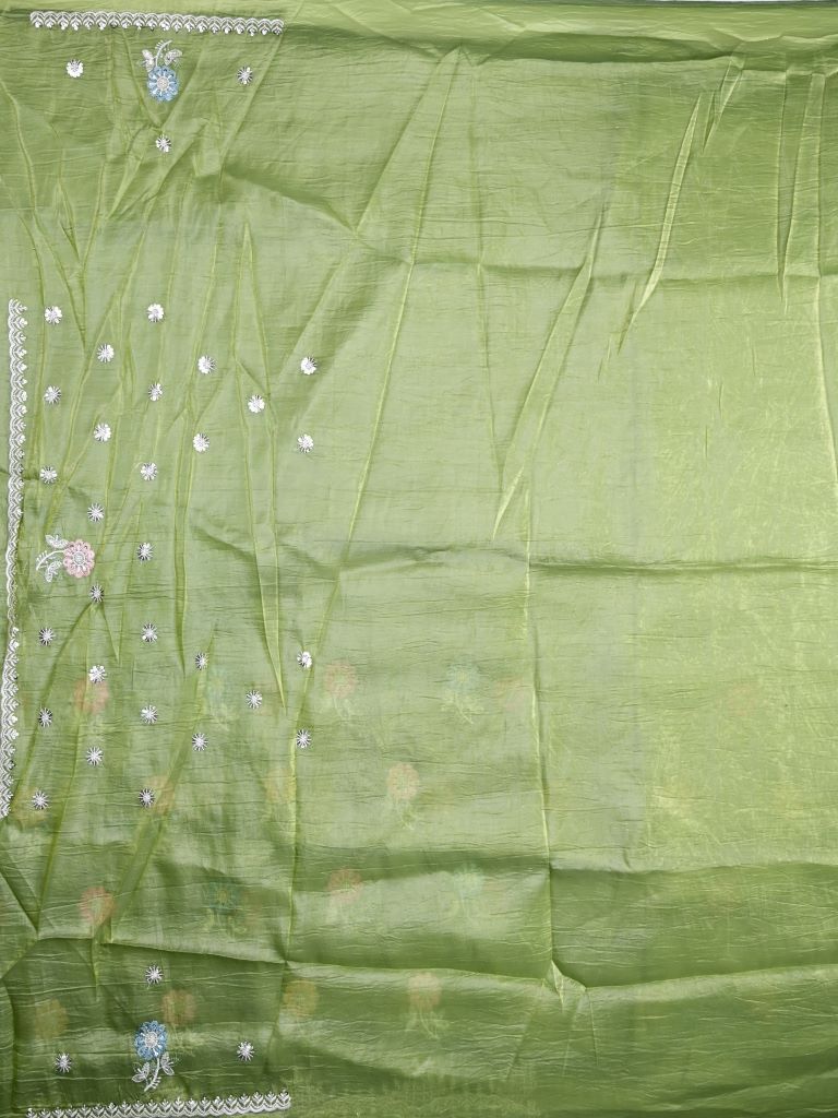 Soft organza fancy saree olive green color allover embroidery motifs & cutwork border with running pallu and embroidery blouse