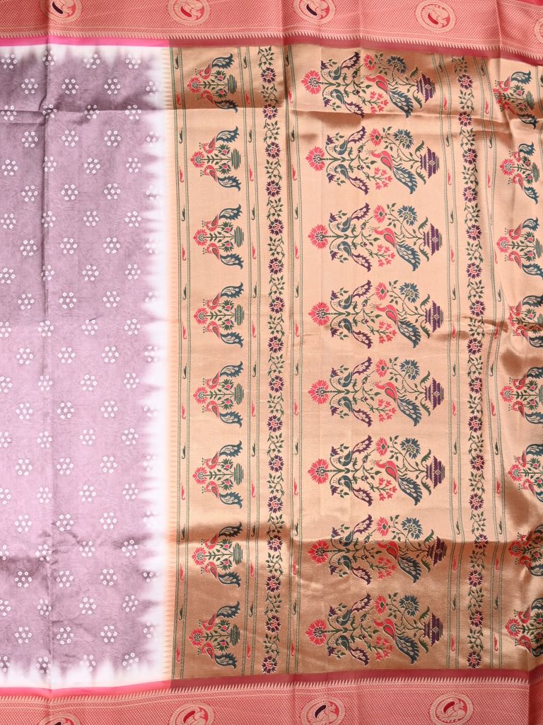 Banaras fancy saree peach color allover prints with contrast border & paithani pallu and attached blouse