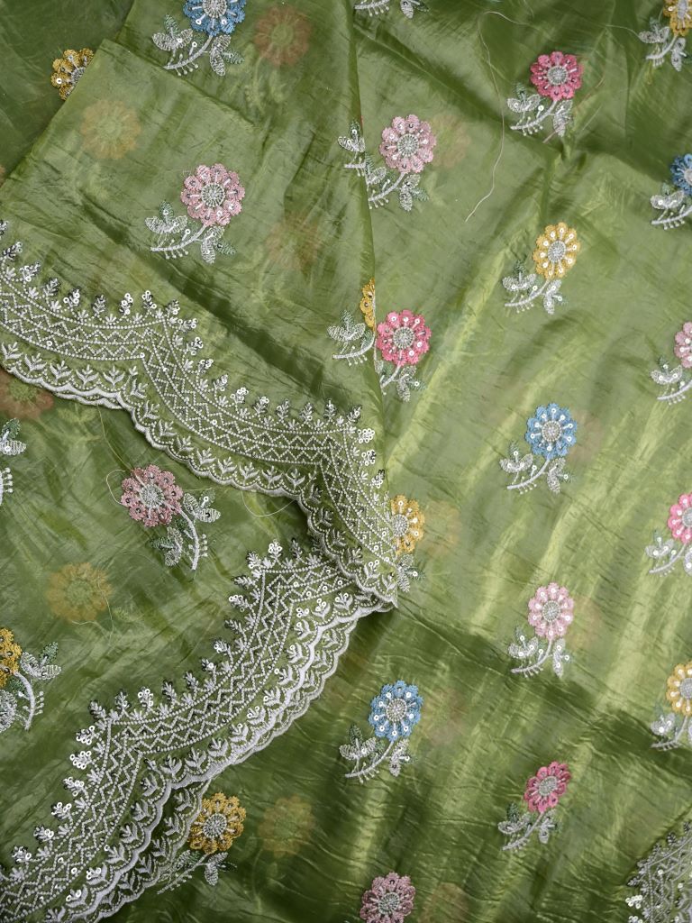 Soft organza fancy saree olive green color allover embroidery motifs & cutwork border with running pallu and embroidery blouse