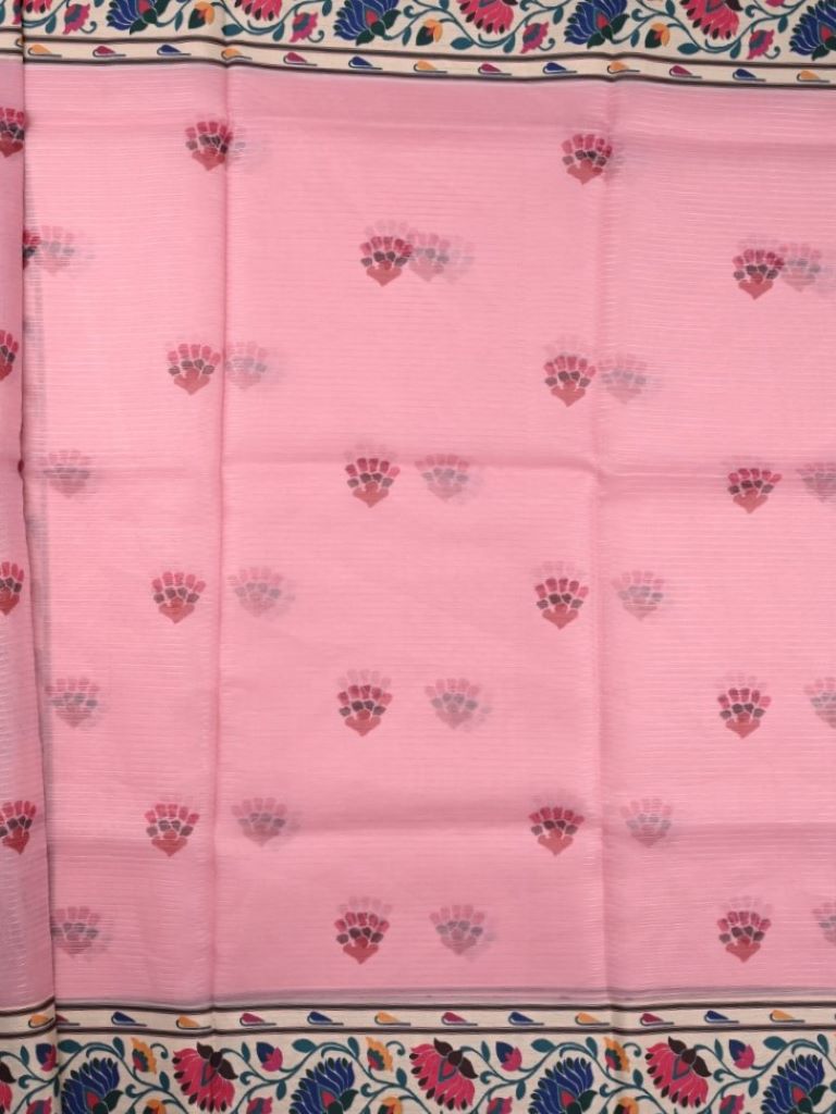 Soft organza fancy saree baby pink color allover motifs with printed border and printed pallu & blouse