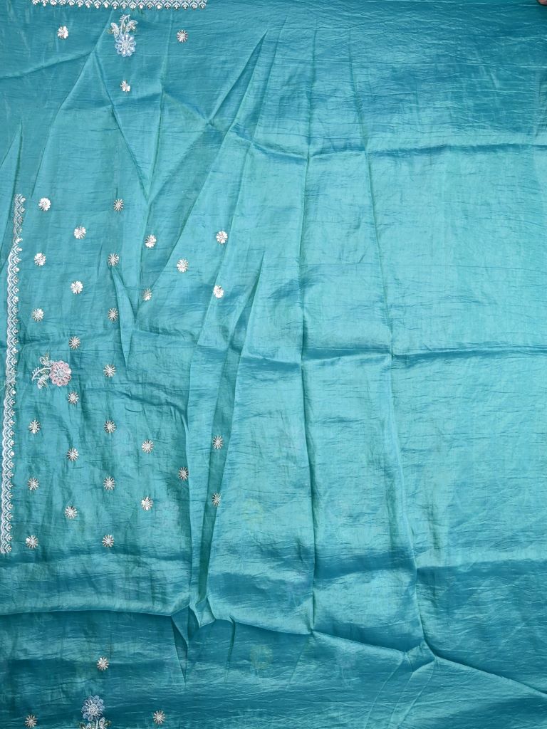 Soft organza fancy saree peacock blue color allover embroidery motifs & cutwork border with running pallu and embroidery blouse