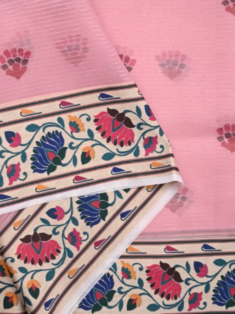 Soft organza fancy saree baby pink color allover motifs with printed border and printed pallu & blouse