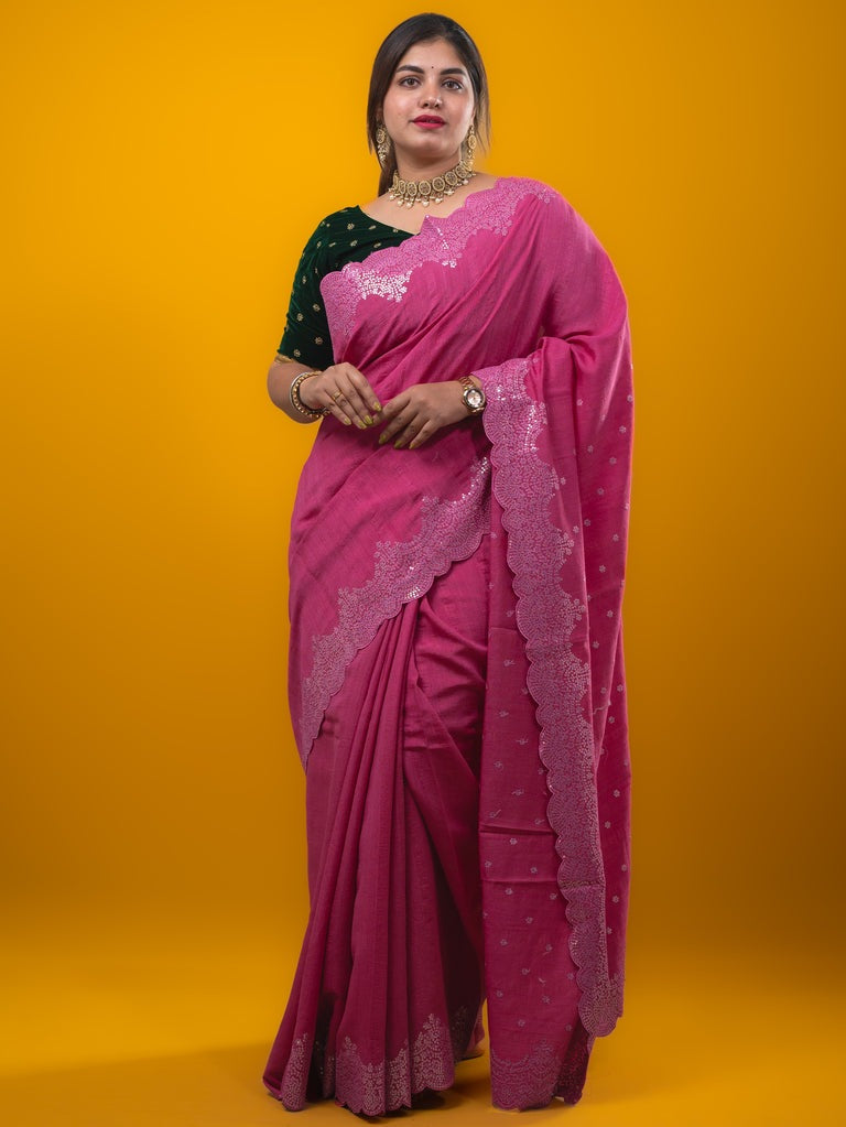 Kosa silk fancy saree rose pink color allover mirror work & embroidery cutwork border with running pallu and attached blouse