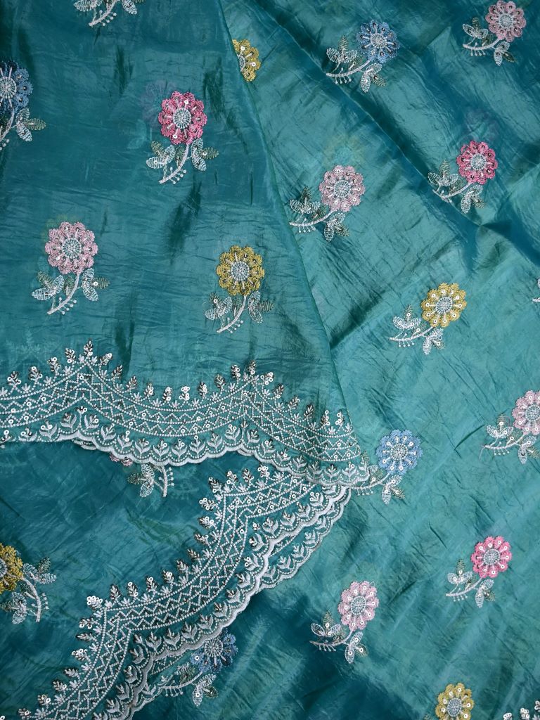 Soft organza fancy saree peacock blue color allover embroidery motifs & cutwork border with running pallu and embroidery blouse