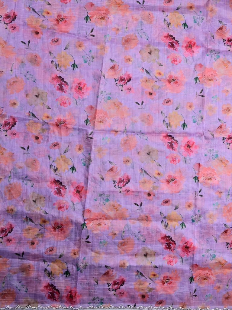 Soft organza fancy saree lavender color allover digital prints & cutwork embroidery border with running pallu and printed blouse