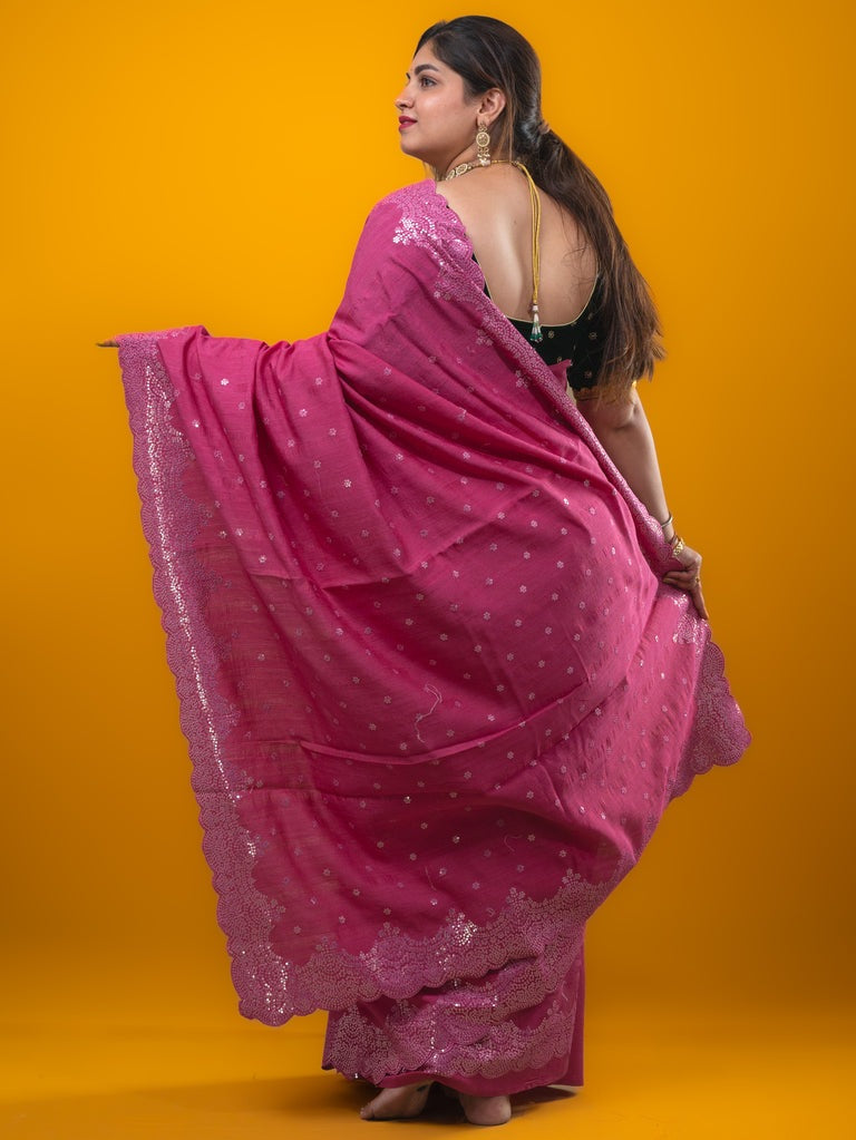 Kosa silk fancy saree rose pink color allover mirror work & embroidery cutwork border with running pallu and attached blouse
