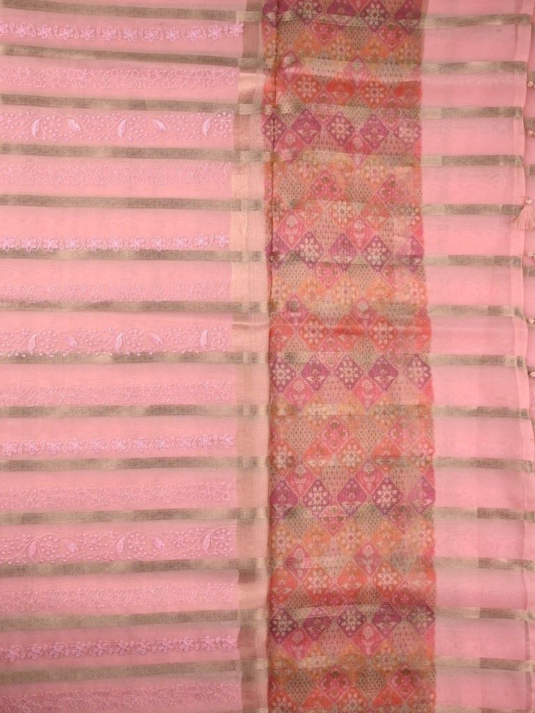Organza fancy sarees light pink color allover zari stripes and embroidery with printed border and short pallu and blouse