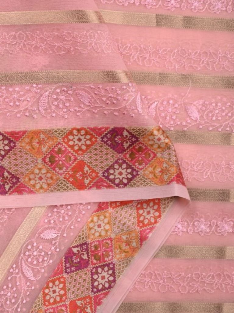 Organza fancy sarees light pink color allover zari stripes and embroidery with printed border and short pallu and blouse