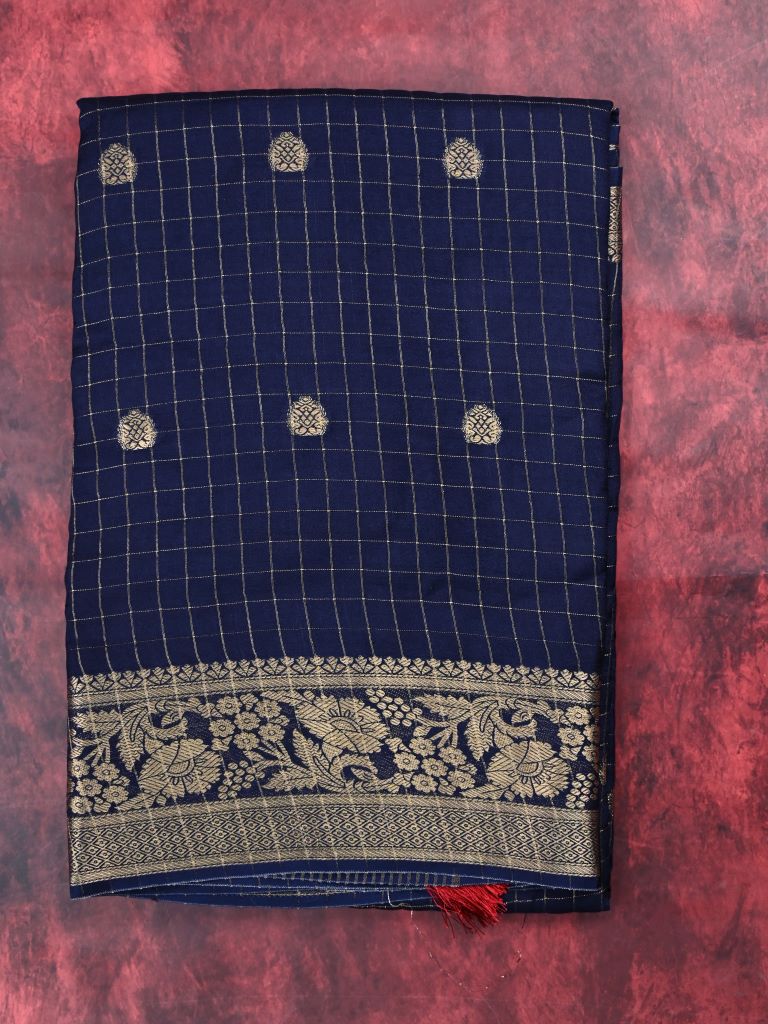 Dola silk fancy saree navy blue color allover zari motives & checks with short pallu and attached blouse