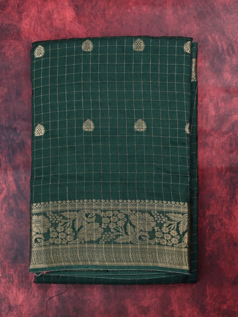 Dola silk fancy saree bottle green color allover zari motives & checks with short pallu and attached blouse