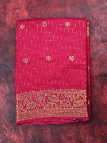 Dola silk fancy saree dark pink color allover zari motives & checks with short pallu and attached blouse