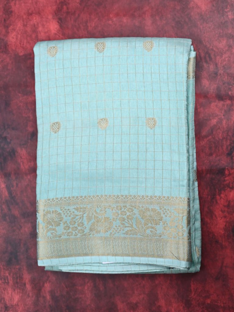 Dola silk fancy saree sky blue color allover zari motives & checks with short pallu and attached blouse