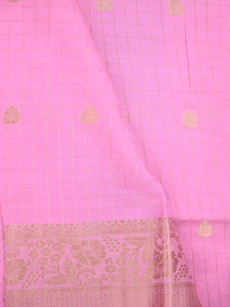 Dola silk fancy saree light pink color allover zari motives & checks with short pallu and attached blouse