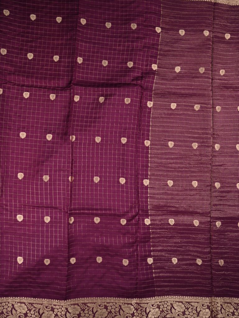 Dola silk fancy saree maroon color allover zari motives & checks with short pallu and attached blouse