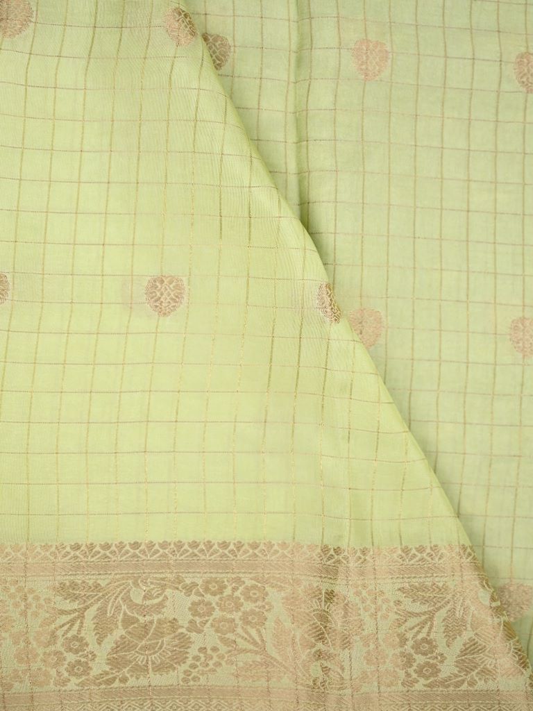 Dola silk fancy saree light yellow color allover zari motives & checks with short pallu and attached blouse