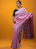 Bhagalpur fancy saree light pink color allover stripes, floral weaves with contrast pallu and attached contrast blouse