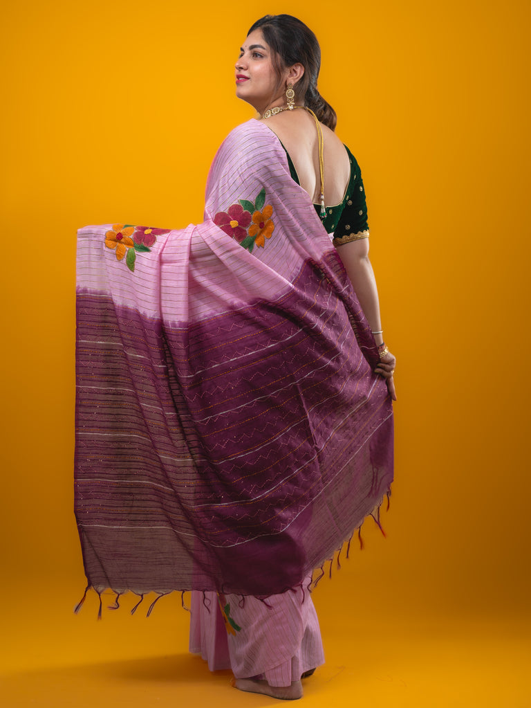 Bhagalpur fancy saree light pink color allover stripes, floral weaves with contrast pallu and attached contrast blouse