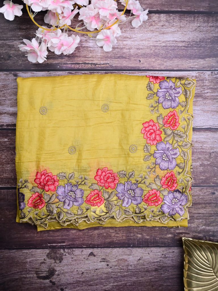 Soft organza fancy sarees golden yellow color allover embroidery motifs & embroidery border with running pallu and attached self blouse