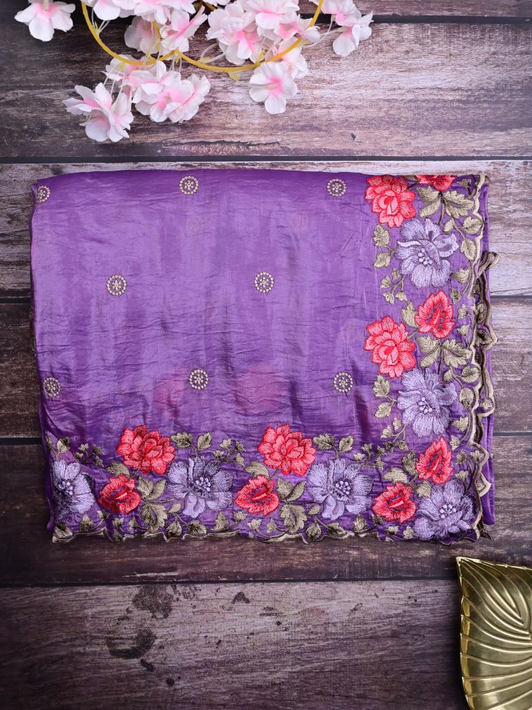 Soft organza fancy sarees purple color allover embroidery motifs & embroidery border with running pallu and attached self blouse