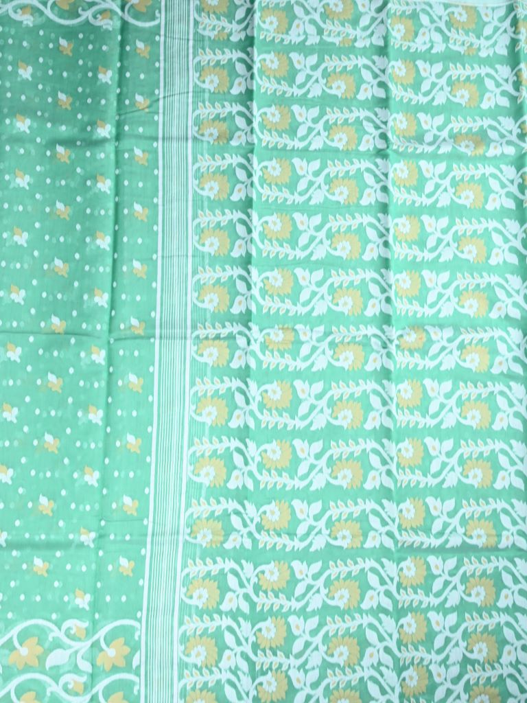 Bengali cotton saree lux green color allover prints with printed pallu and attached blouse