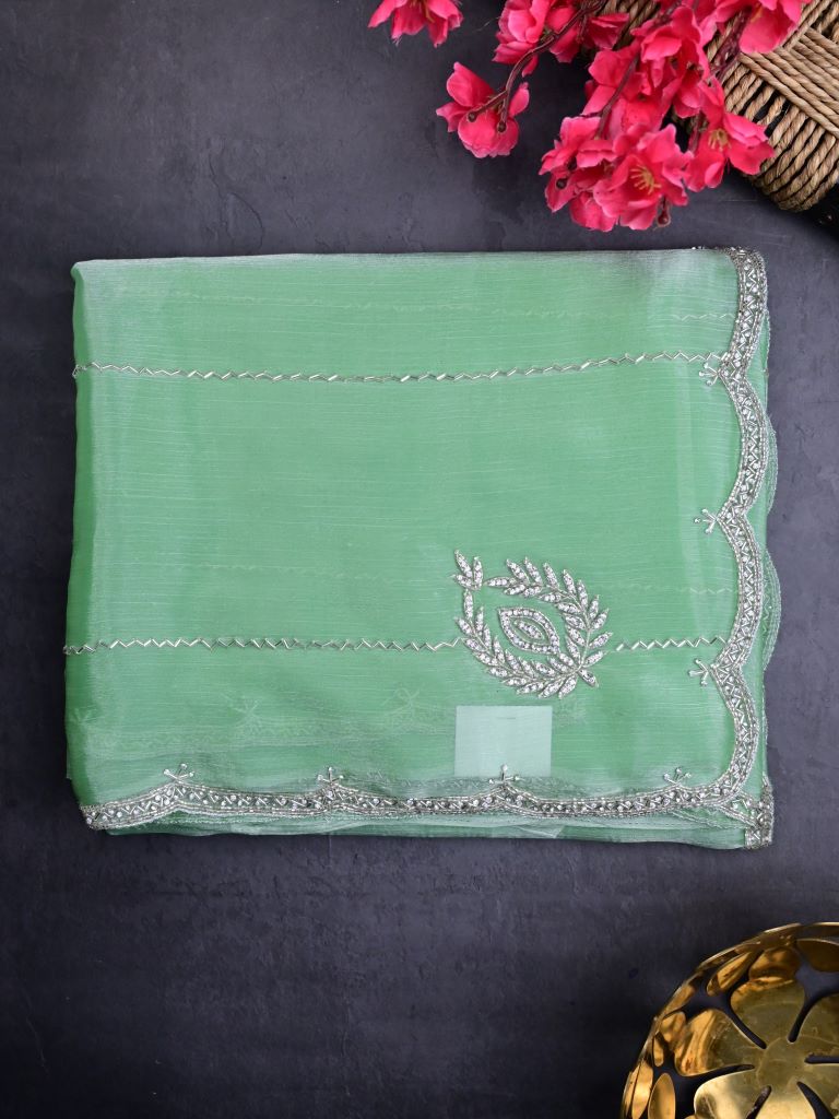 Organza shimmer fancy saree lux green color allover stripes, embroidery motifs & embroidery border with running pallu and embroidery blouse