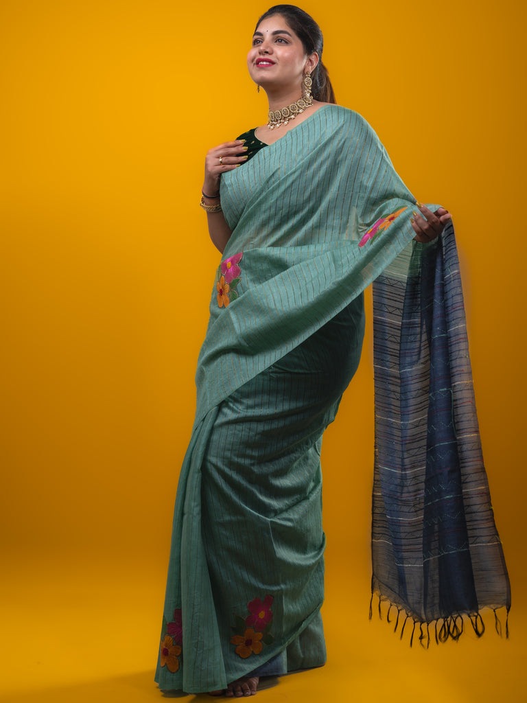 Bhagalpur fancy saree grey color allover stripes, floral weaves with contrast pallu and attached contrast blouse